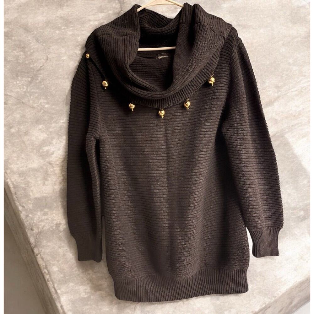 Vtg SPREE Black w/ Gold Balls Sweater Knit Turtleneck Cowl Neck Tunic Size M‎